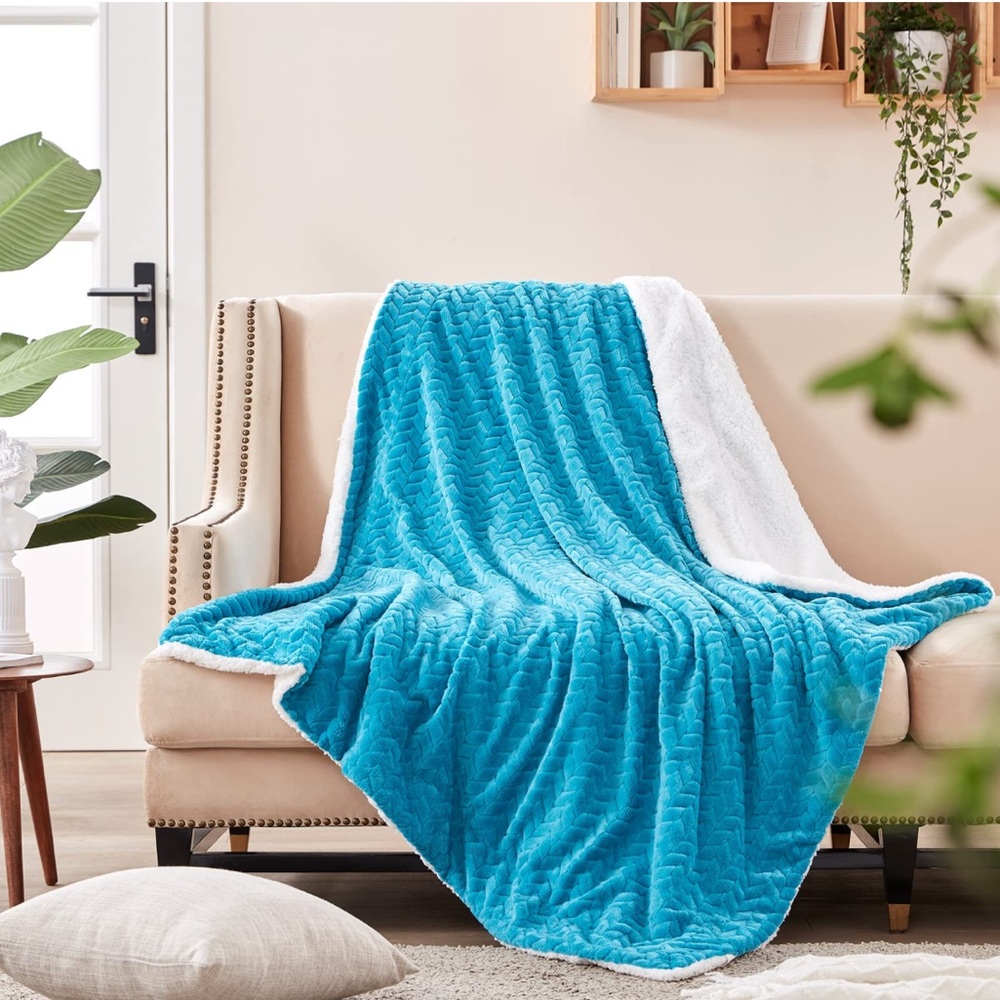 SunStyle Home Sherpa Fleece Blanket Twin Size Teal Soft Reversible Throw Blanket